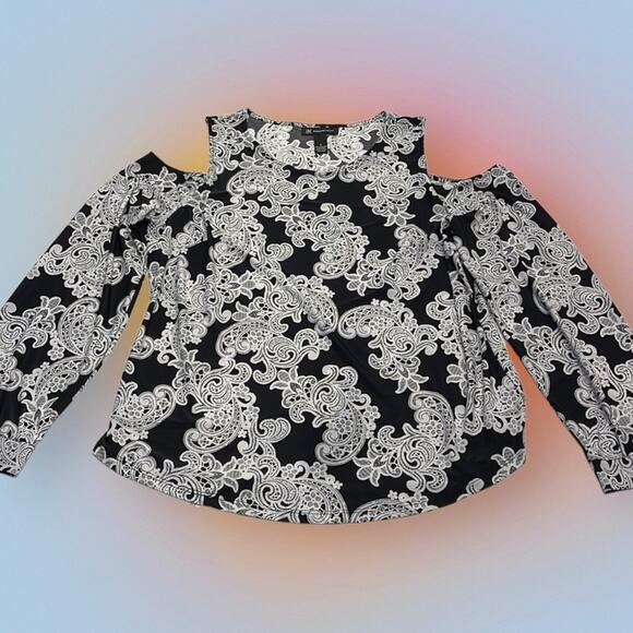 INC Women’s Large Black White Paisley Cold Shoulder Blouse - Picture 1 of 3
